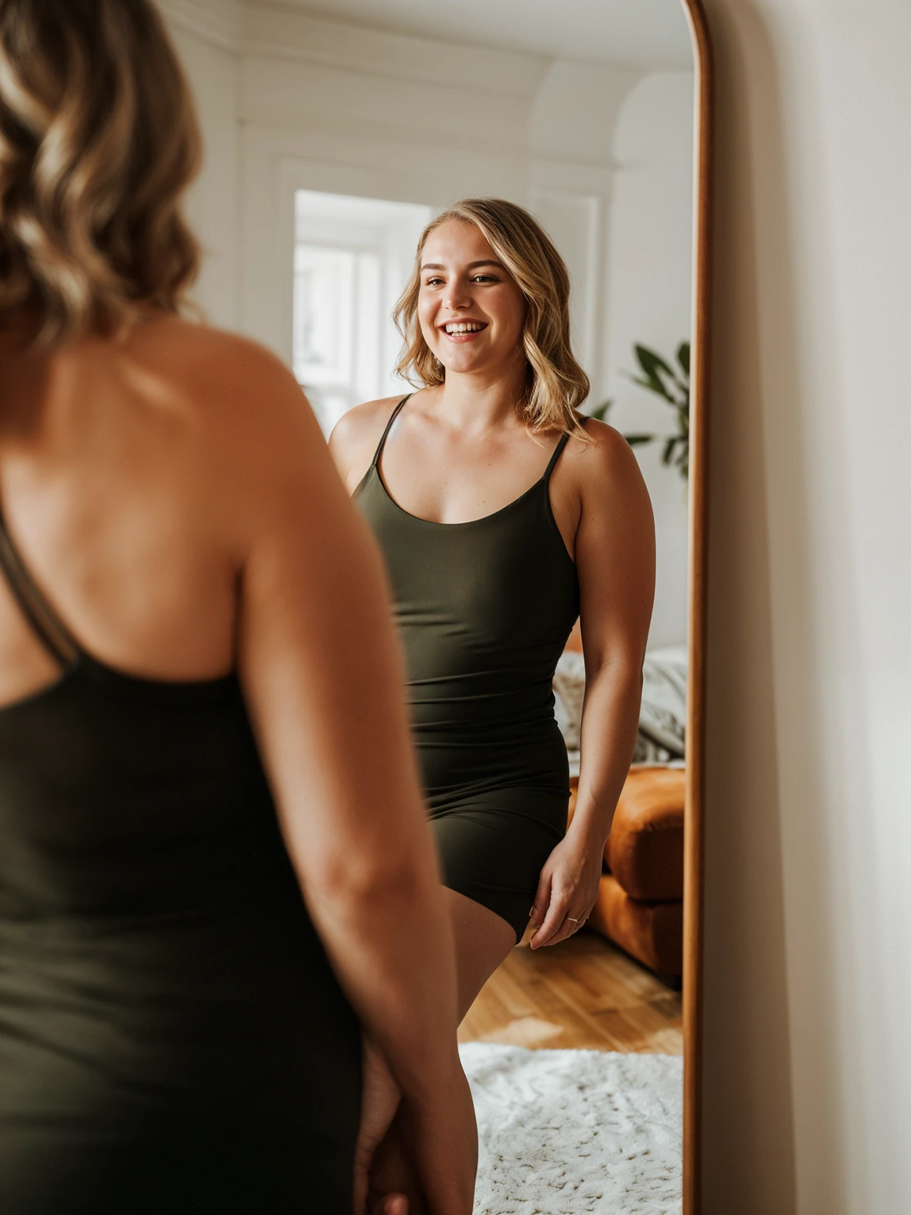 A woman in a green top looking at herself in the mirror